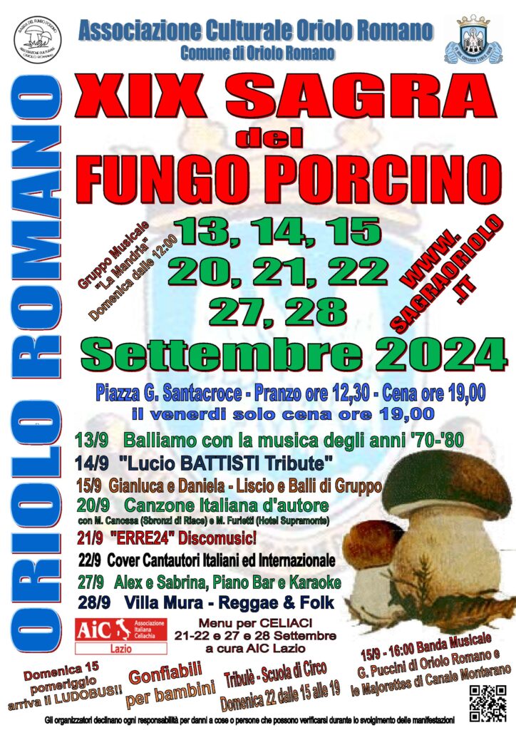 Oriolo Romano (VT), è sagra del porcino - 13/28 sett Torna il Fungo Porcino di Oriolo Romano. Dal 13 al 28 settembre regnerà sulla tavola Fuoriporta